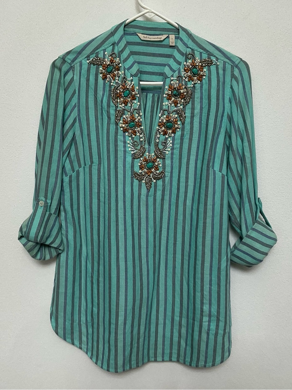 Soft Surroundings Tortola Tunic Beaded Neckline Teal, Blue Stripes Size Small